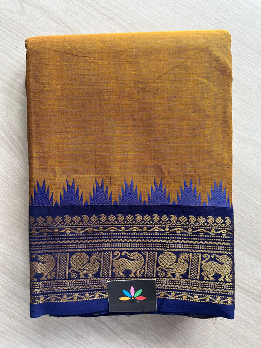 Antique Mustard Gold with Royal Blue Zari Border Chettinad Cotton Saree - 25550