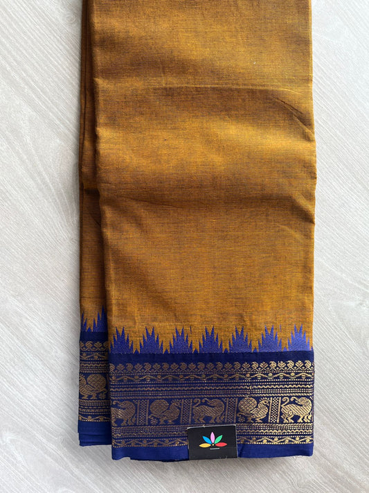 Antique Mustard Gold with Royal Blue Zari Border Chettinad Cotton Saree - 25550