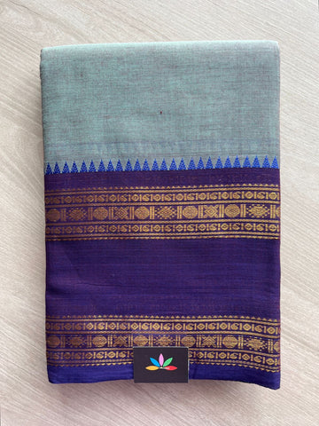 Pastel Teal with Navy Blue Rani Pink Zari Border Chettinad Cotton Saree - 25558