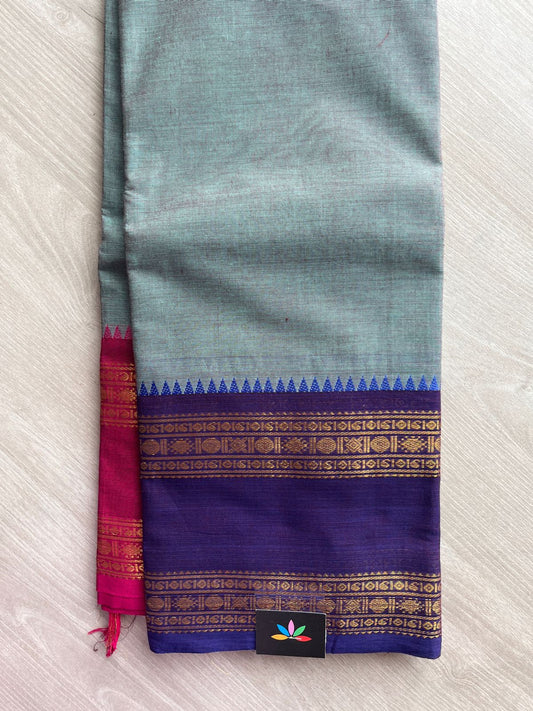 Pastel Teal with Navy Blue Rani Pink Zari Border Chettinad Cotton Saree - 25558
