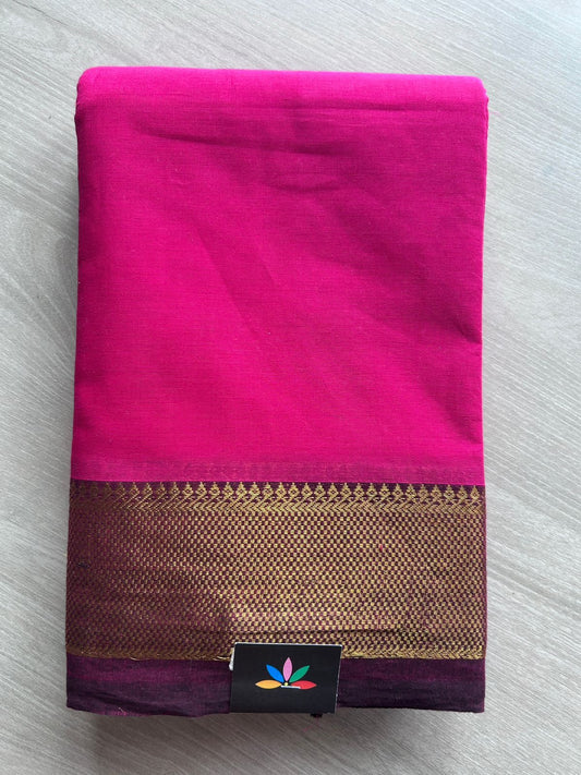 Royal Rani Pink with Deep Magentta Zari Border Chettinad Cotton Saree - 25569