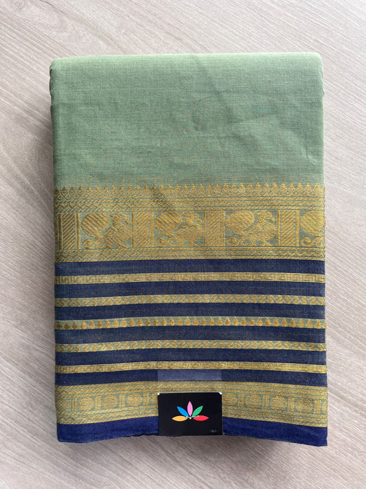 Vintage Sage Green Navy Blue horizontal  stripes Zari Border Chettinad Cotton Saree - 26374