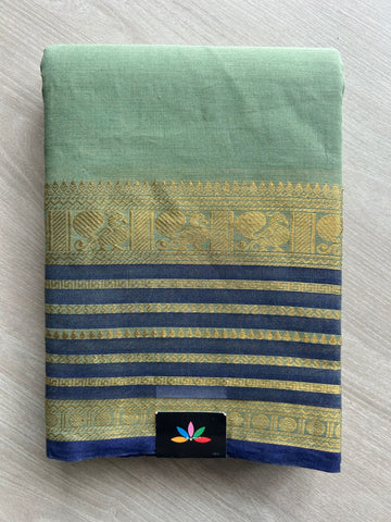 Vintage Sage Green Navy Blue horizontal  stripes Zari Border Chettinad Cotton Saree - 26374