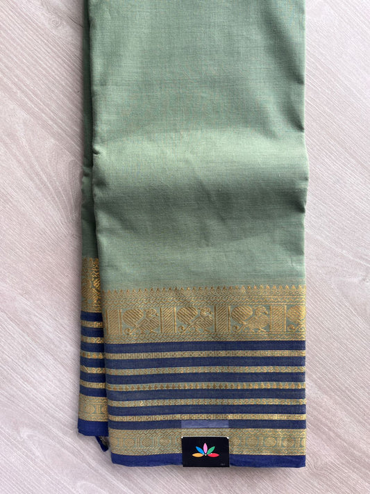 Vintage Sage Green Navy Blue horizontal  stripes Zari Border Chettinad Cotton Saree - 26374