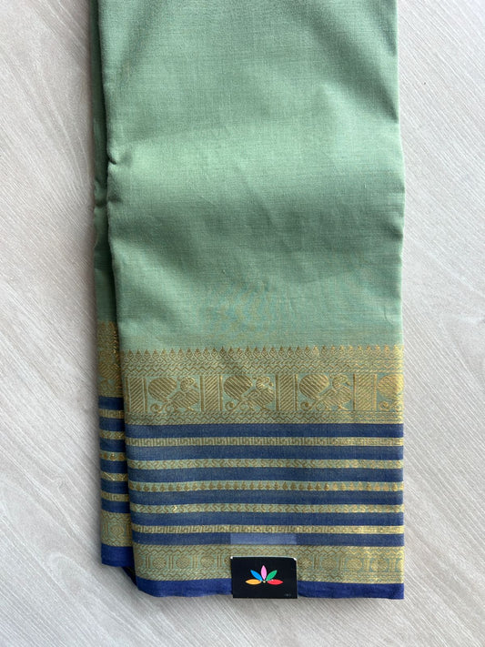 Vintage Sage Green Navy Blue horizontal  stripes Zari Border Chettinad Cotton Saree - 26374