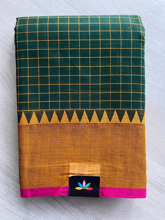 Palm Green Checks and Rani Pink Border Chettinad Cotton Saree - 26383