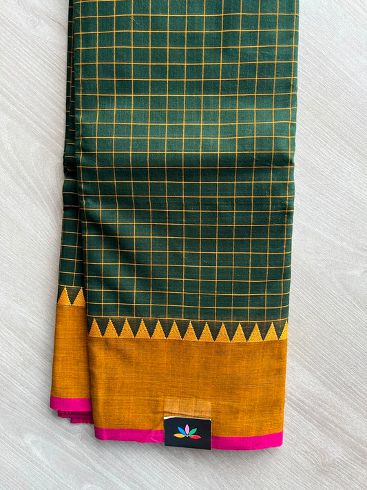 Palm Green Checks and Rani Pink Border Chettinad Cotton Saree - 26383
