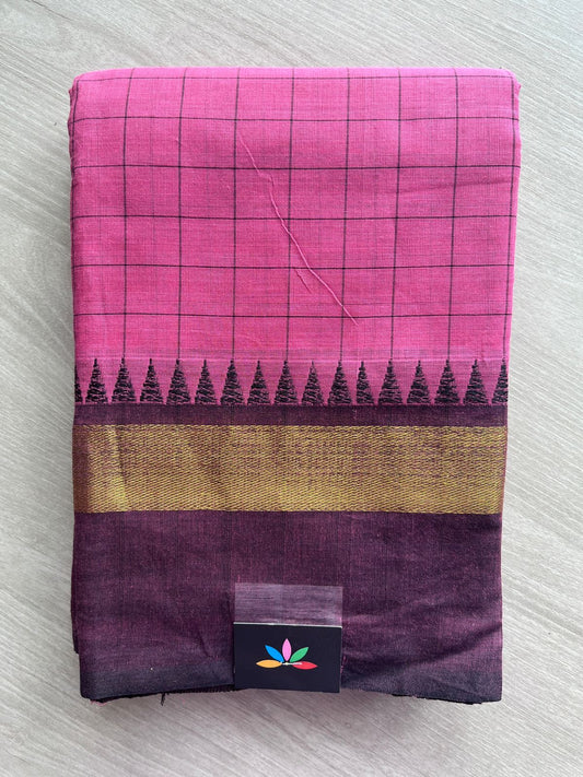 Lotus Pink Checked Saree with Rich Plum and Gold Border  Chettinad Cotton Saree - 26384