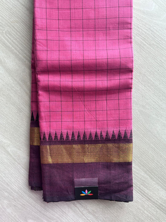 Lotus Pink Checked Saree with Rich Plum and Gold Border  Chettinad Cotton Saree - 26384
