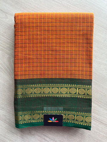 Rustic Burnt Orange Checked Saree with Bottle Green Border Chettinad Cotton Saree - 26387
