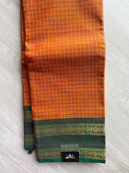 Rustic Burnt Orange Checked Saree with Bottle Green Border Chettinad Cotton Saree - 26387