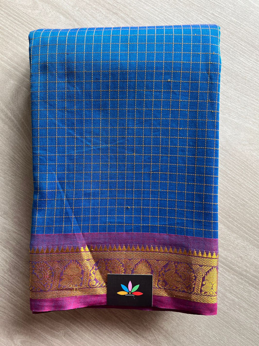 Royal Peacock Blue Saree & Fandango Pink color Border Woven Pallu Cotton Saree - 27760