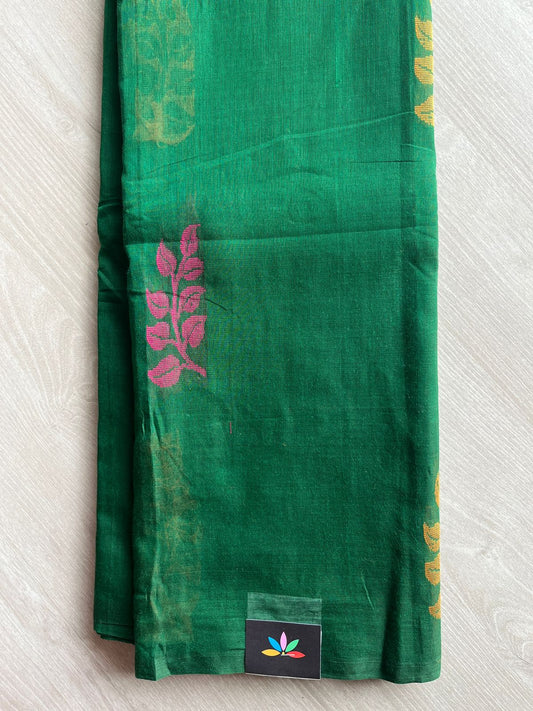 Emerald Green Floral Butta Woven Pallu Chettinad  Cotton Saree - 27762
