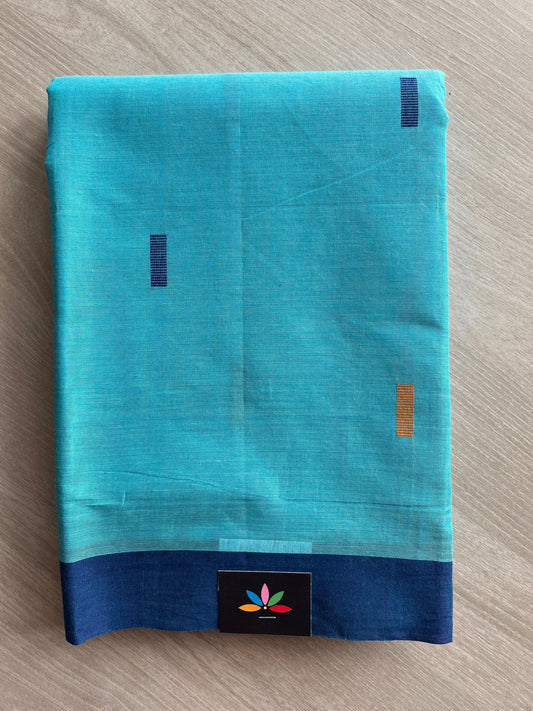 Aqua Blue Chettinad Cotton Saree with Swan & Lotus Motif Pallu - 27766
