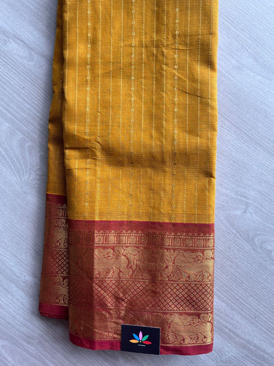 Mustard Yellow Chettinad Cotton Saree with Rust Zari Yazhi and Elephant Border- 27767