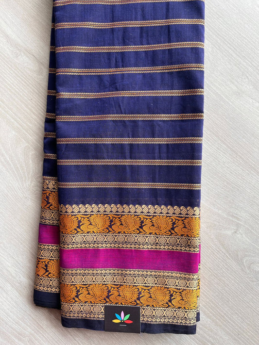 Midnight Blue Veldhari Chettinad Cotton Saree with Thread Peacock Motif Border - 27770