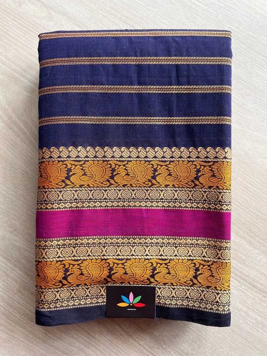Midnight Blue Veldhari Chettinad Cotton Saree with Thread Peacock Motif Border - 27770