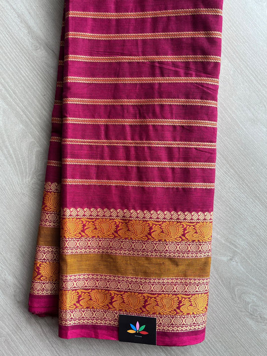 Mulberry Pink Veldhari Chettinad Cotton Saree with Thread Peacock Motif Border - 27771