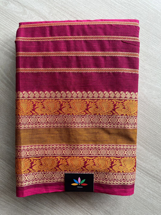 Mulberry Pink Veldhari Chettinad Cotton Saree with Thread Peacock Motif Border - 27771
