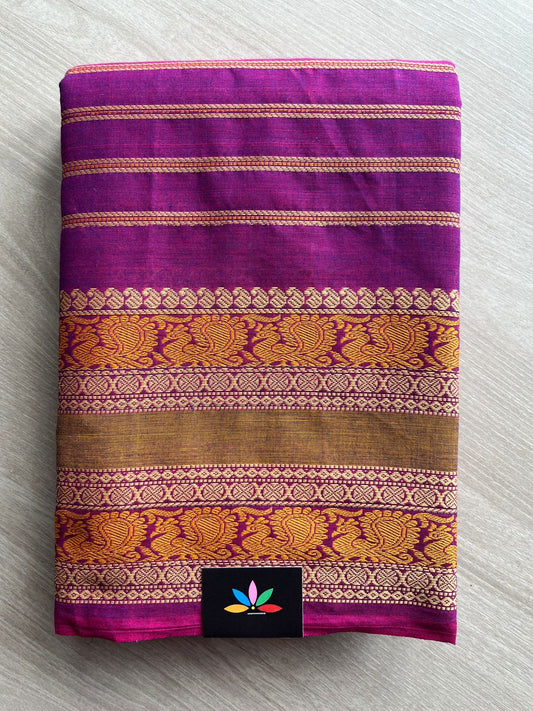 Magenta Purple Veldhari Chettinad Cotton Saree with  Thread Peacock Motif Border - 27772