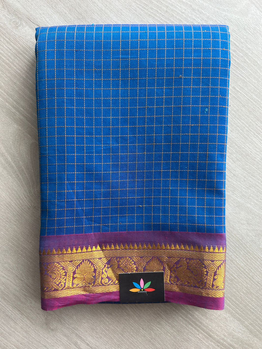 Royal Peacock Blue Saree & Fandango Pink color Border Woven Pallu Cotton Saree - 27760