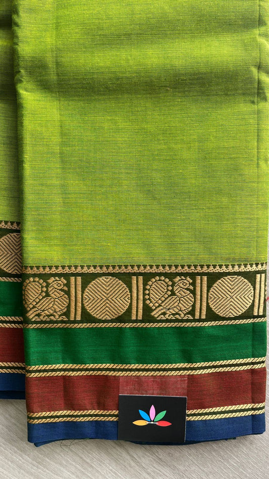 Lime Green Chettinad Cotton Saree with Peacock and Rudraksham Border -24404