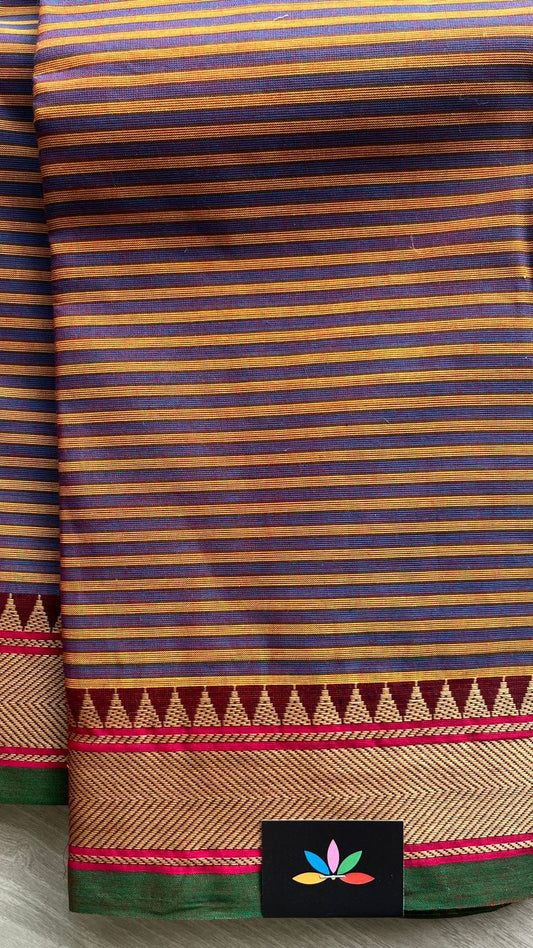 Striped Chettinad Cotton Saree with Thread Temple Border -24405