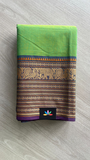 Parrot Green Chettinad Cotton Saree with Elephant Border -24408