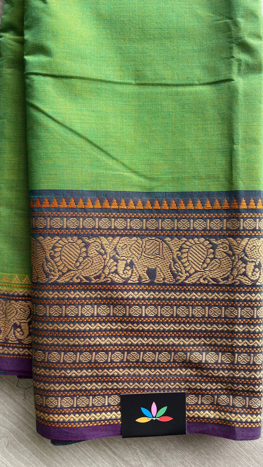 Parrot Green Chettinad Cotton Saree with Elephant Border -24408