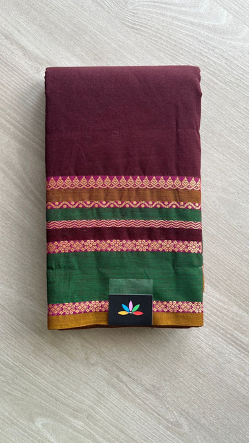 Wine Chettinad Cotton Saree with Contrast Green & Pink Border and Floral Detailing - 24411