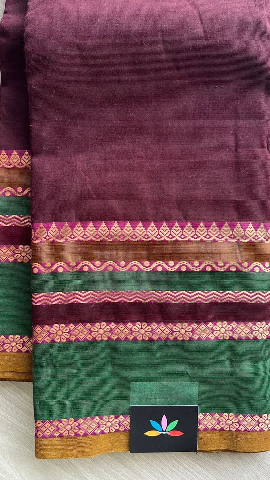 Wine Chettinad Cotton Saree with Contrast Green & Pink Border and Floral Detailing - 24411