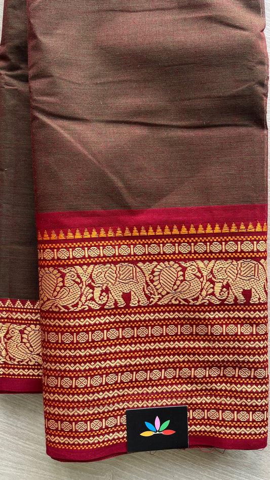 Greenish Maroon Chettinad Cotton Saree with Maroon Elephant Motif -24413
