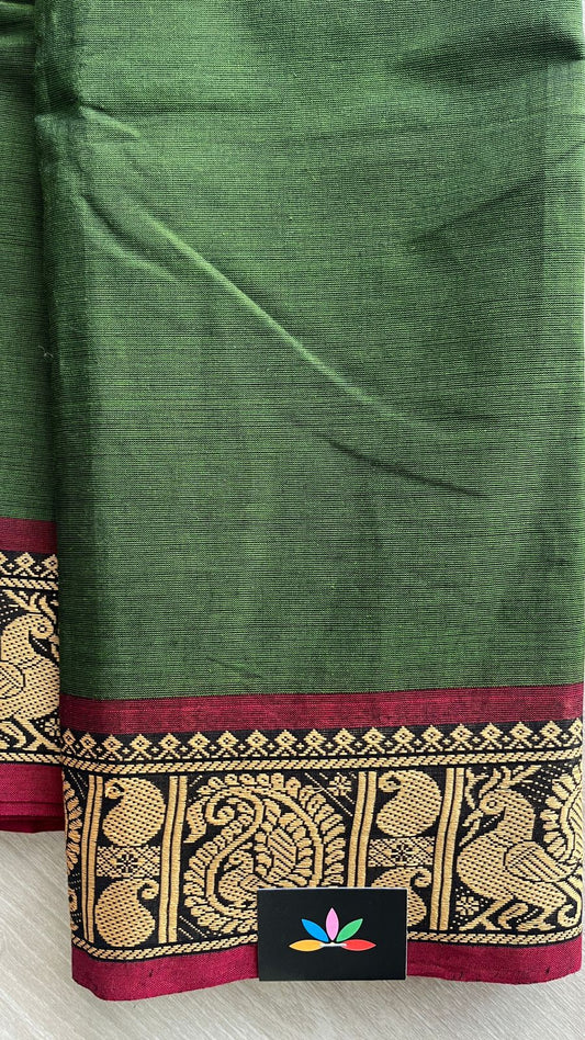 Deep Moss Green Chettinad Cotton Saree with Maroon Peacock Border -24414
