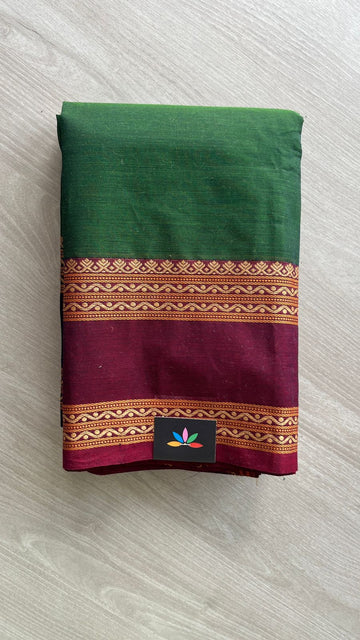 Emerald Green Chettinad Cotton Saree with Maroon and Blue Border -24416