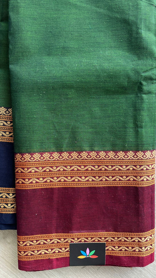 Emerald Green Chettinad Cotton Saree with Maroon and Blue Border -24416