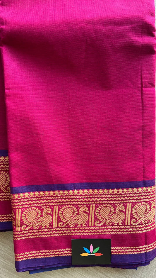 Rani Pink Chettinad Cotton Saree with Purple Peacock Border -24417