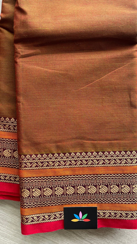 Rust Orange Chettinad Cotton Saree with Contrast Traditional Border -24420