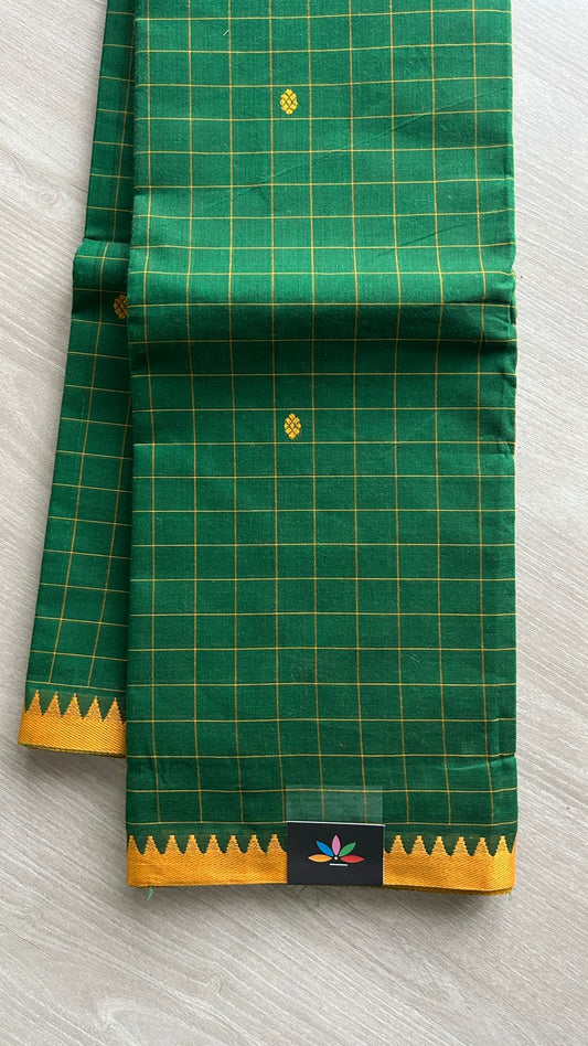 Green Checked Chettinad Cotton Saree with Contrast Border - 24684