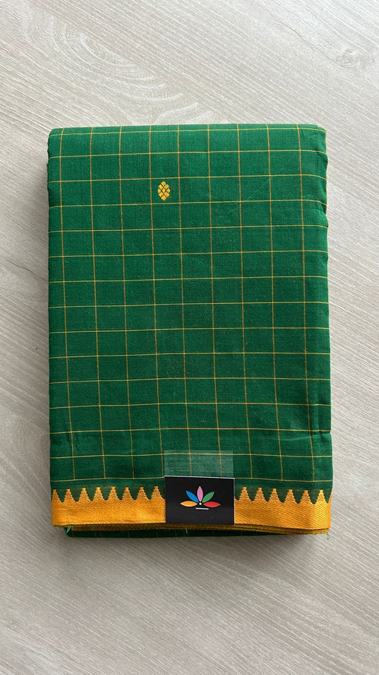 Green Checked Chettinad Cotton Saree with Contrast Border - 24684