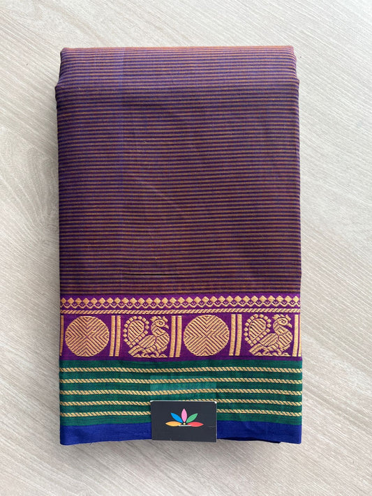 Purple&Brown Shaded with Green and Navy Blue Border Simple Chettinad Cotton Saree - 24719