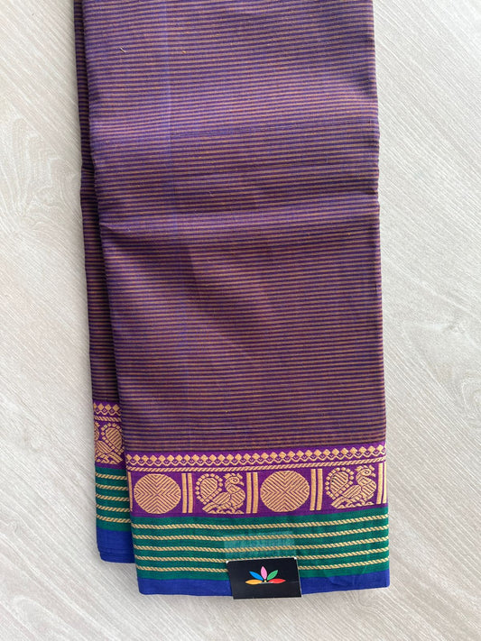 Purple&Brown Shaded with Green and Navy Blue Border Simple Chettinad Cotton Saree - 24719