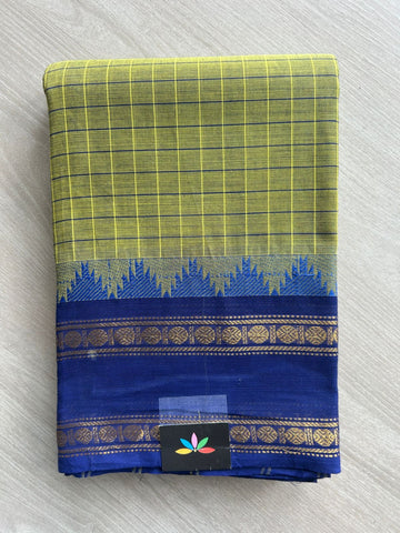 Golden Olive Green Checked Saree with Royal Blue Traditional  Chettinad Cotton Saree - 24722