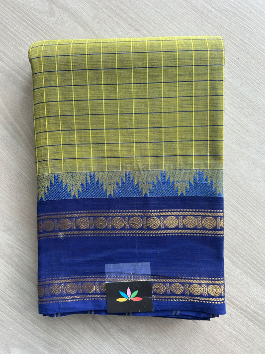 Golden Olive Green Checked Saree with Royal Blue Traditional  Chettinad Cotton Saree - 24722