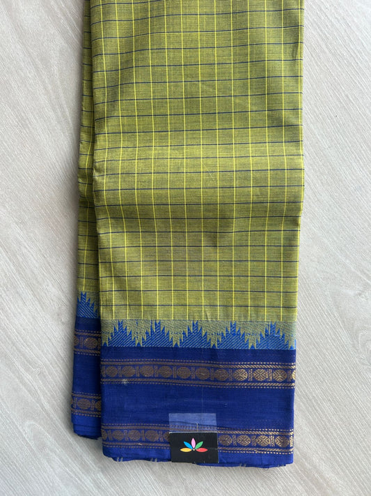 Golden Olive Green Checked Saree with Royal Blue Traditional  Chettinad Cotton Saree - 24722