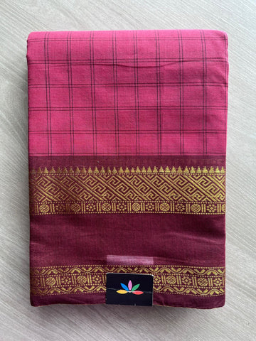 Rose Pink with Wine Maroon Traditional Checked Chettinad Cotton Saree - 24727
