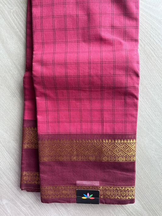 Rose Pink with Wine Maroon Traditional Checked Chettinad Cotton Saree - 24727