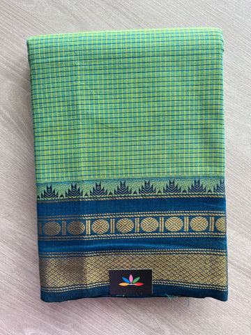 Pista Green with Navy Blue Traditional Checked Chettinad Cotton Saree - 24728