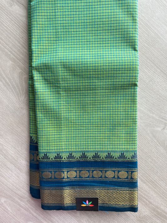 Pista Green with Navy Blue Traditional Checked Chettinad Cotton Saree - 24728