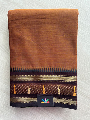 Burnt Cinnamon Brown with Chocolate Contrast Zari Woven Border Chettinad Cotton Saree - 24731