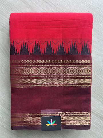 Crimson Red with Wine Maroon Contrast Zari Woven Border Chettinad Cotton Saree - 24734